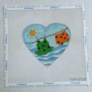 Handpainted Needlepoint Canvas Heart Clothes Drying On a Line Sun Waves MHP 2728